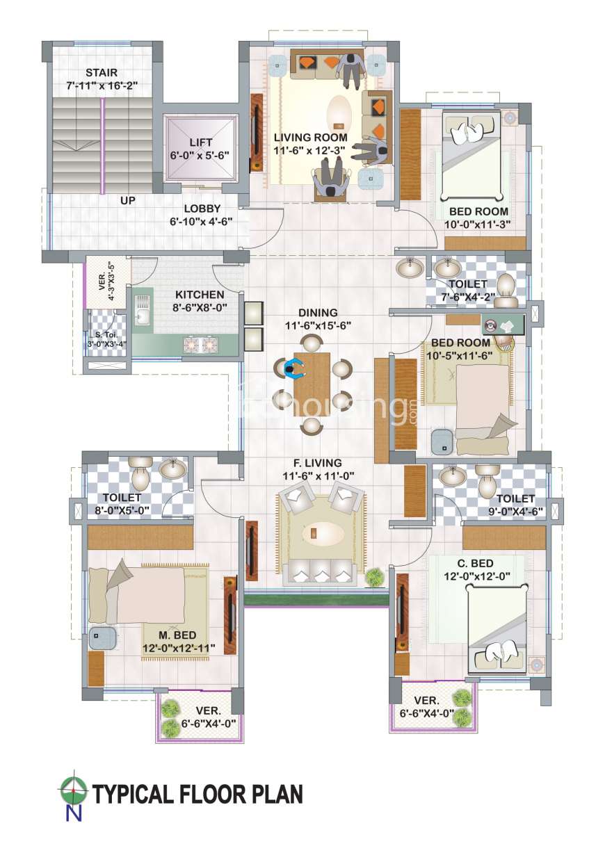 1935 sft 4 bed South Facing Apt @ I Block., Apartment/Flats at Bashundhara R/A