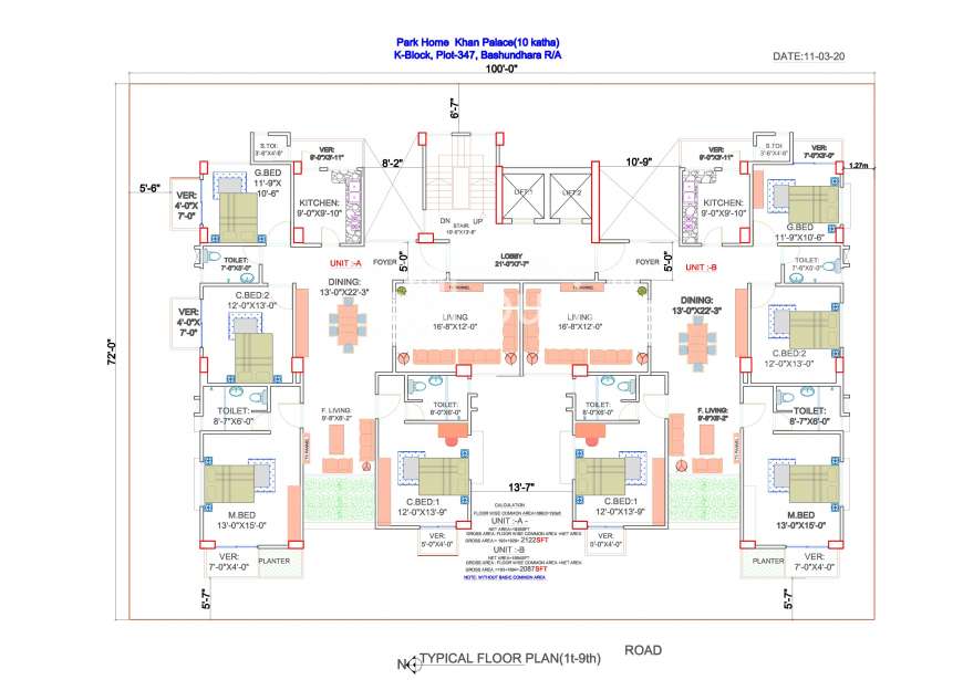 4 Bed 2190 sft Corner Apartment @ K Block, Apartment/Flats at Bashundhara R/A